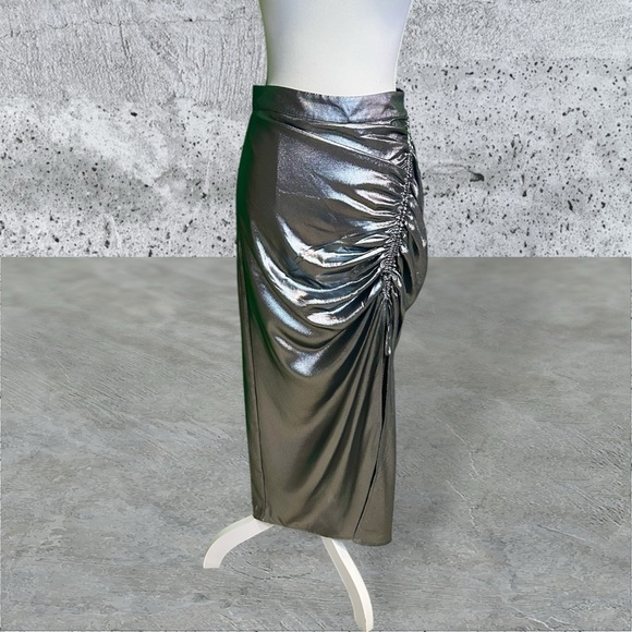 NWOT All Saints ‘Carla Metallic Gray / Silver Skirt’ with Ruched Side Size 4 - Picture 3 of 16